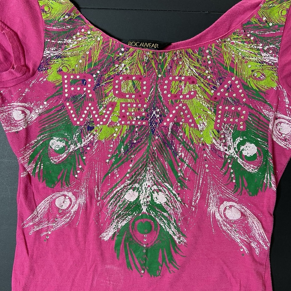 Rocawear Tshirt‎ Women's M Pink Round Neck Y2K Dopamine Rhinestone Vintage